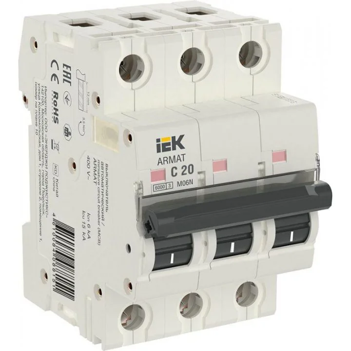 

Выключатель автоматический IEK M06N трехполюсный (3P/3П) 20А C 6кА (AR-M06N-3-C020), M06N