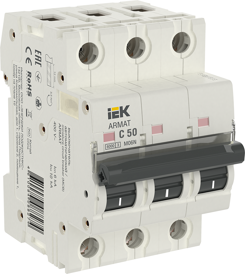 

Выключатель автоматический IEK M06N трехполюсный (3P/3П) 50А C 6кА (AR-M06N-3-C050), M06N