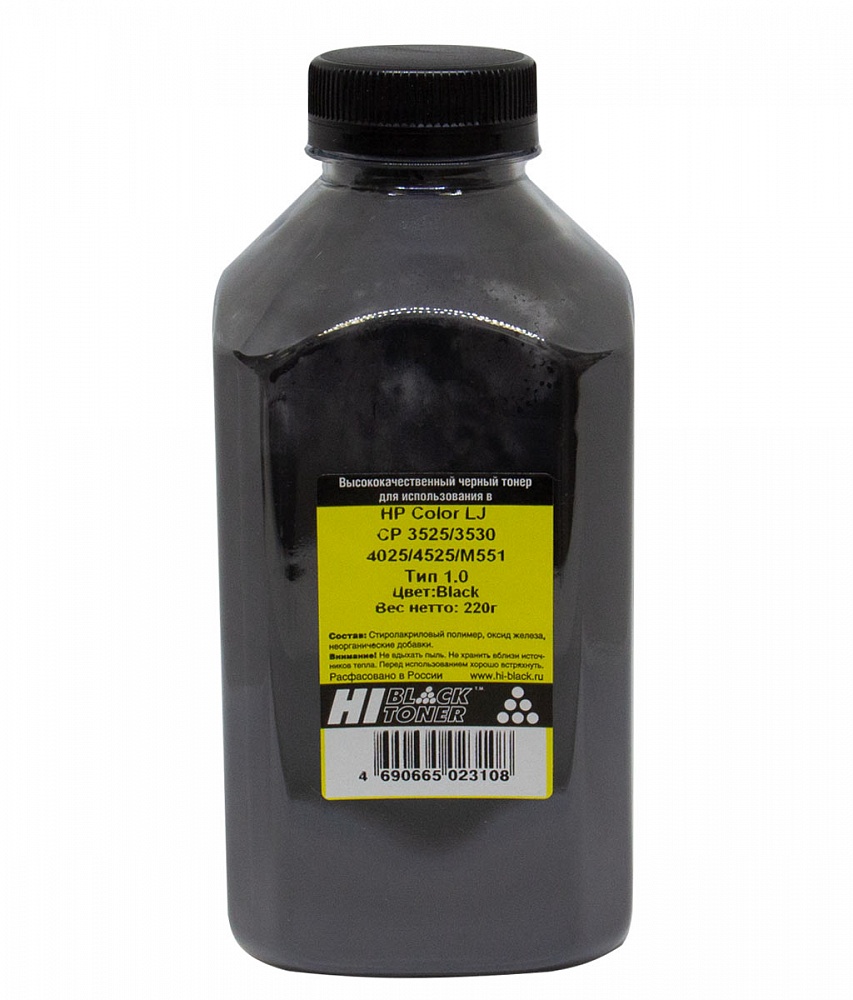 Тонер Hi-Black Тип 1.0, бутыль 220 г, черный, совместимый для Color LJ CP3525dn/4025dn/4525dn/4525n, CM3530, Enterprise 500 Color M551 (101010812)