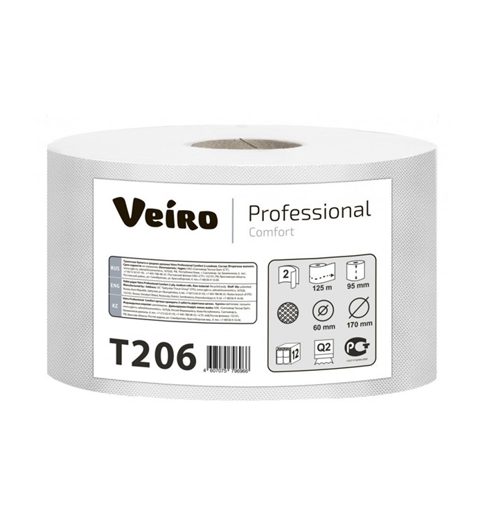 

Бумага туалетная Veiro Professional T2 Comfort, слоев: 2, листов 1000шт., длина 125м, белый, 12шт. (T206), Comfort