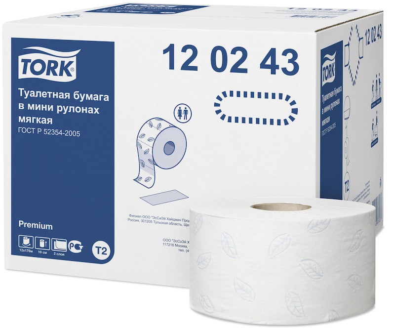 

Бумага туалетная TORK Premium T2, слоев: 2, листов 1214шт., длина 170м, белый с ЦВЕТНЫМ ТИСНЕНИЕМ, 12шт. (120243), T2