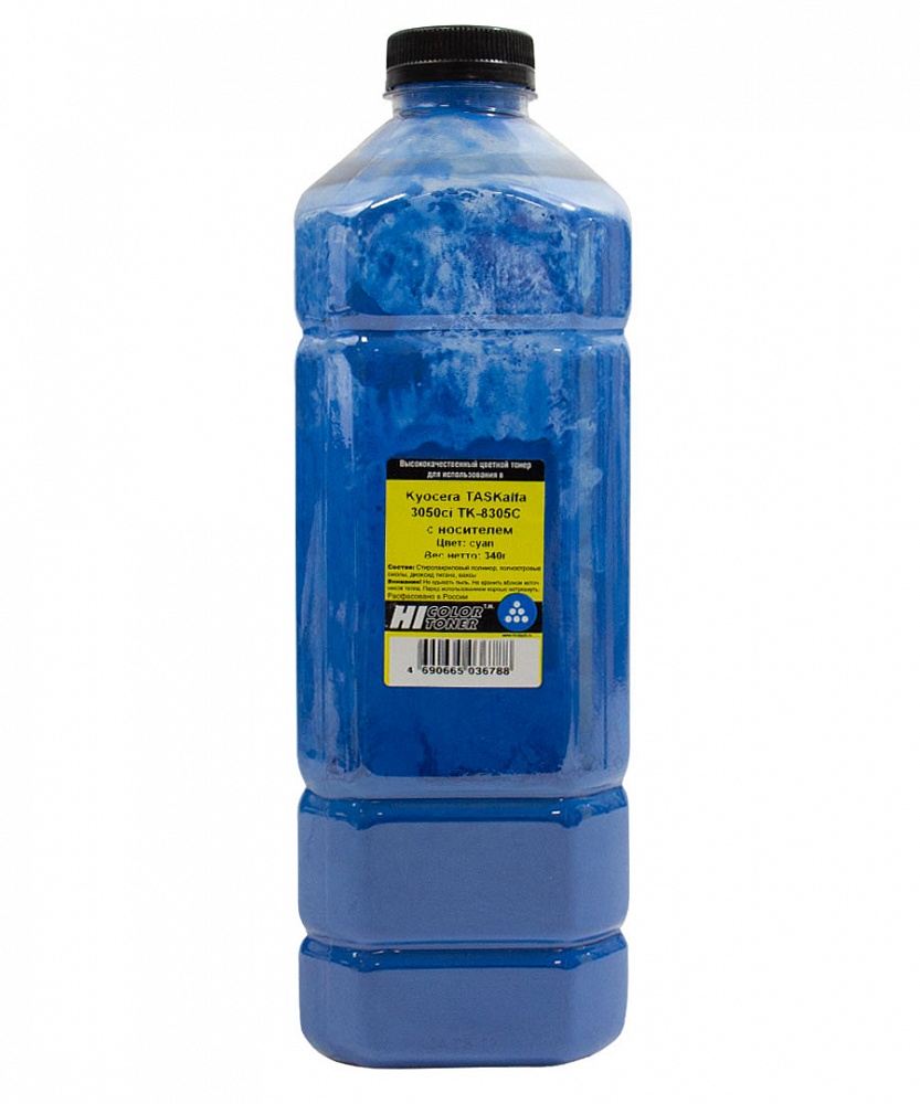 Тонер Hi-Color, бутыль 340г, голубой, совместимый для Kyocera TASKalfa 3050ci/3051ci/3550ci/3551ci/4551ci TK-8305C/8600C/8505C, с носителем (20111372)