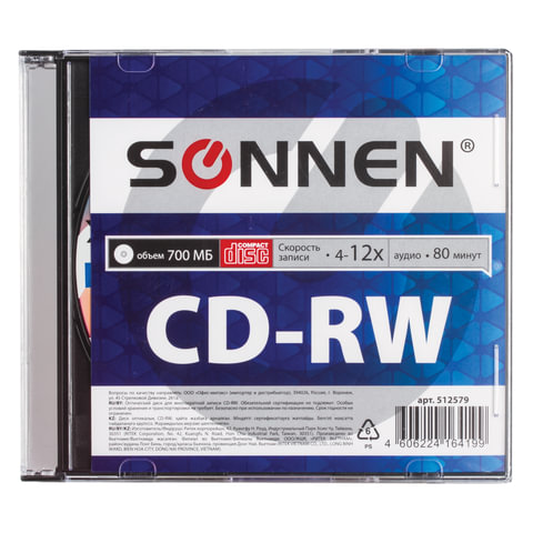 Диск SONNEN CD-RW, 700Mb, 12x, Slim Case, 1 шт ( 512579)