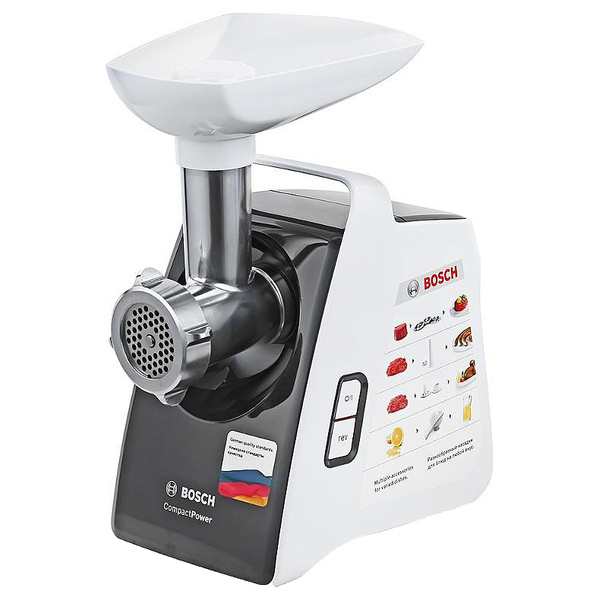 

Электрическая мясорубка Bosch MFW3630A, номинальная - 500 Вт (максимальная - 1600 Вт), 1.9 кг/мин, черный/белый, MFW3630A