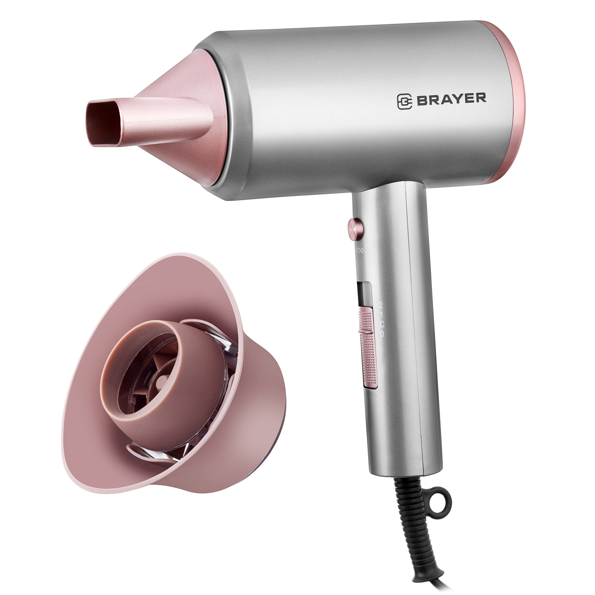 

Фен Brayer 3022BR 1800Вт, режимов: 2, насадок: 2, серебристый, 3022BR