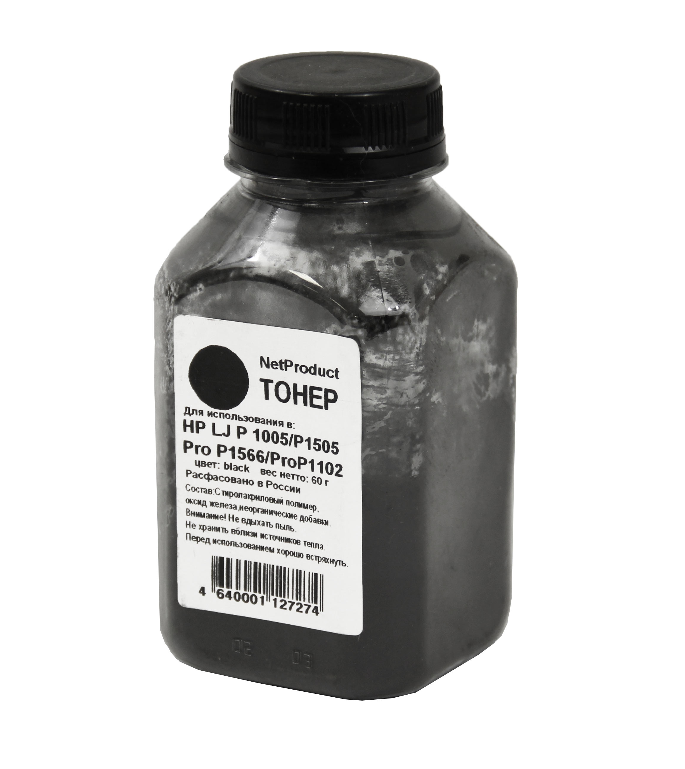 Тонер NetProduct, бутыль 60 г, черный, совместимый для Canon LJ P1005/1505, Pro P1566/1102 (2010408502)