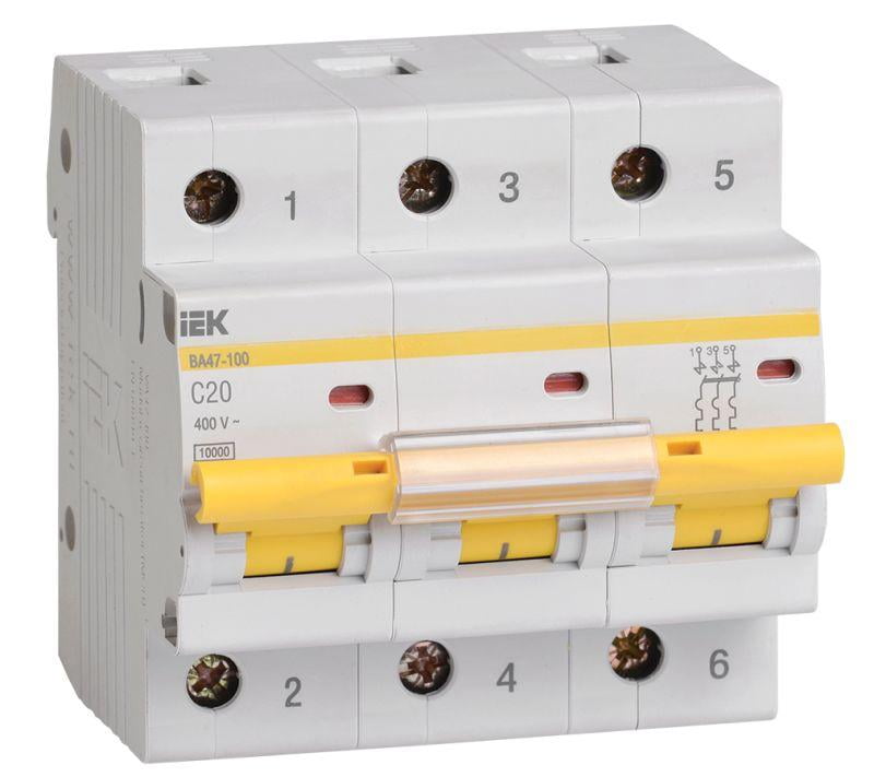 

Выключатель автоматический IEK ВА47-100 трехполюсный (3P/3П) 20А C 10кА (MVA40-3-020-C), ВА47-100