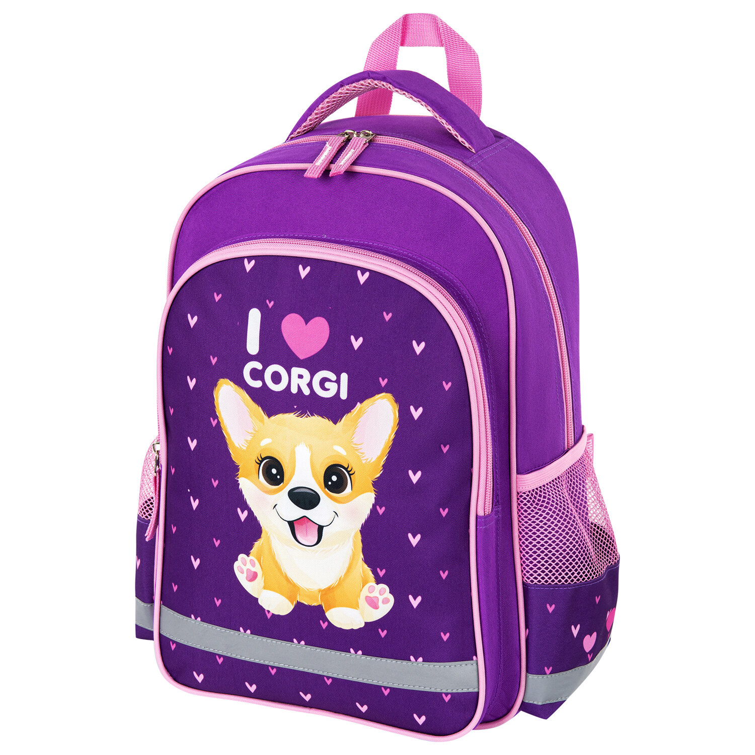 

Рюкзак ПИФАГОР SCHOOL I love corgi, формоустойчивая, 1 отделение, фиолетовый/розовый (270653)