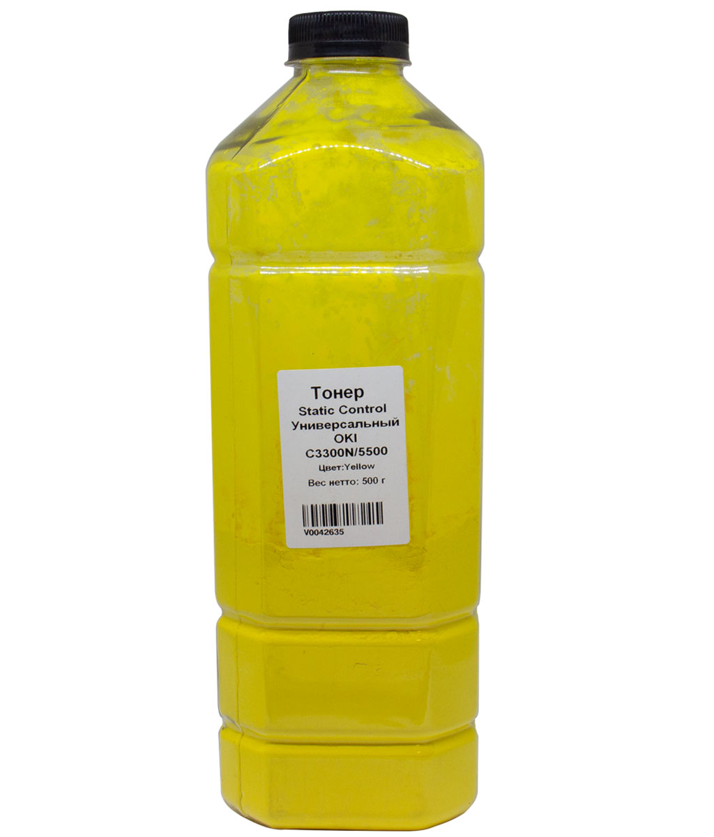 Тонер Static Control, бутыль 500 г, желтый, совместимый для Oki универсальный C3300N/5500 (OKIUNIV-500G-Y-RUS)
