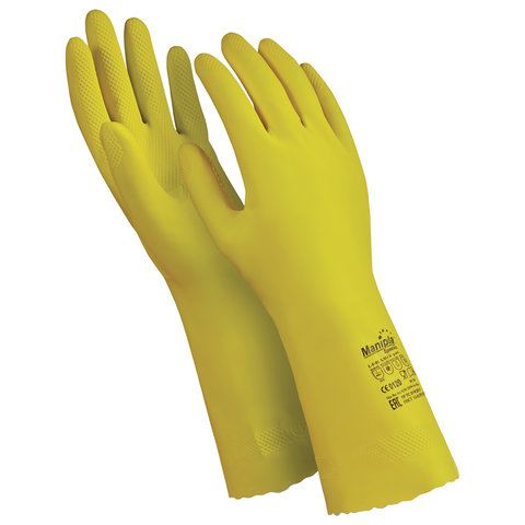 Перчатки хозяйственно-бытовые латексные, с х/б напылением, от химических воздействий, XL, желтый, MANIPULA