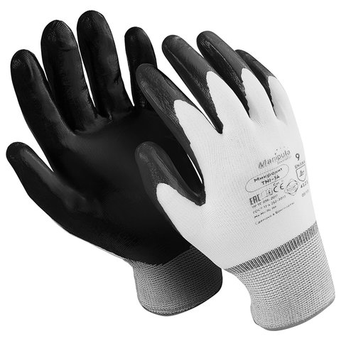 Перчатки хозяйственно-бытовые нейлоновые нитриловое покрытие (облив), XL, белый/черный, MANIPULA