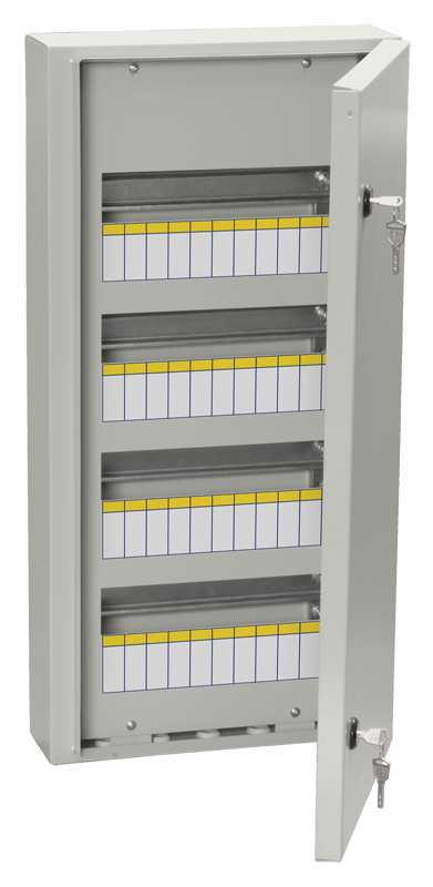 

Щит распределительный ЩРН-48, навесной, металл, 4 ряда/48 модулей, замок с ключом, без клеммных колодок, серый, IP 54, TITAN 3 IEK (MKM11-N-48-54-Z), ЩРН-48