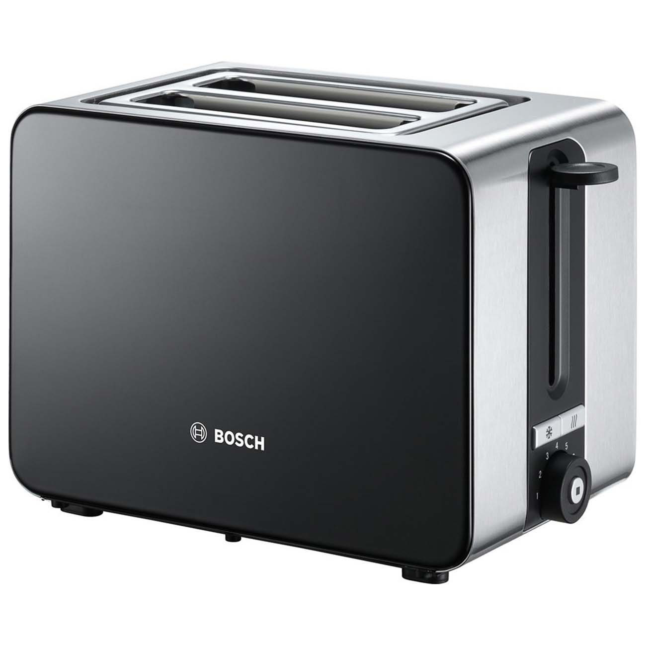 

Тостер Bosch DesignLine TAT7203 1050Вт, подогрев, размораживание, черный/серебристый, TAT7203