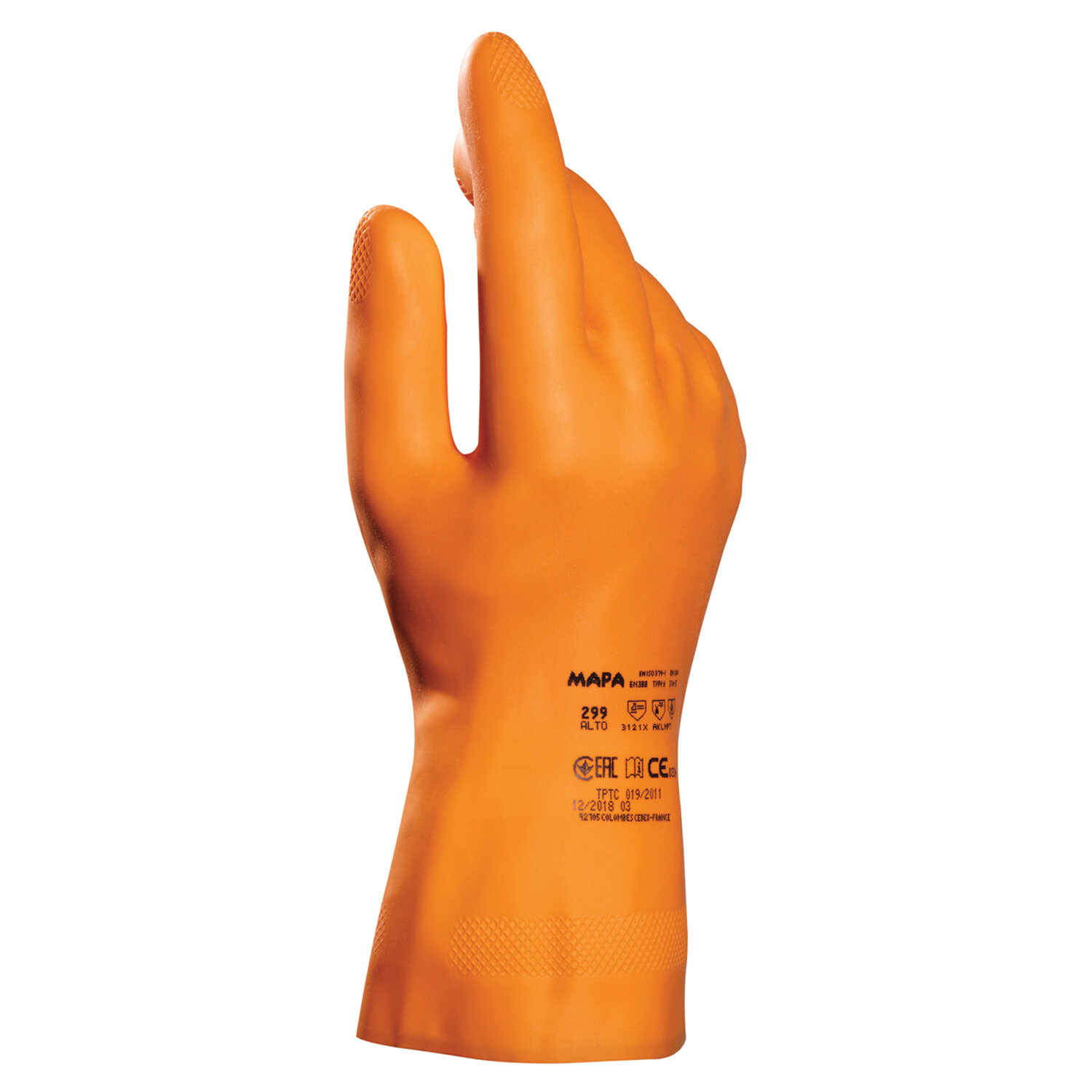 Перчатки хозяйственно-бытовые латексные, с х/б напылением, от химических воздействий, XL/10, оранжевый, MAPA (Alto 299)