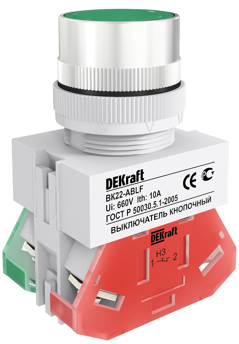 Кнопка плоская 22.3мм, 1NO 1NC, зеленый, DEKraft ВК-22 (25013DEK)