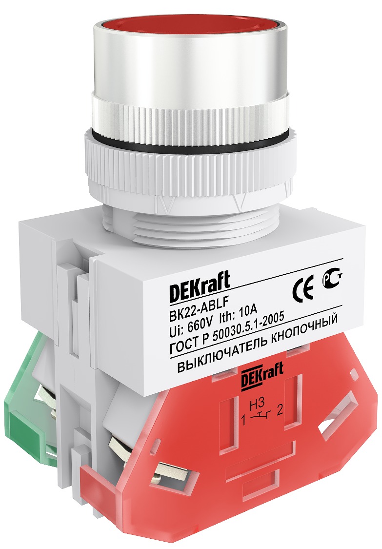 Кнопка плоская без фиксации 22.3мм, 1NO 1NC, красный, DEKraft ВК-22 (25014DEK)