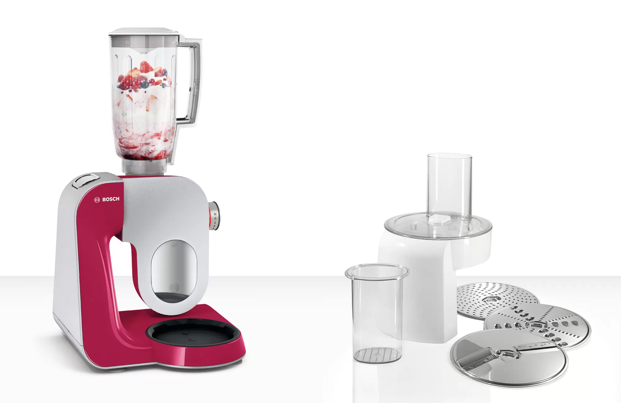 

Комбайн Bosch MUM58420, 1 кВт, миксер, блендер, терка, рубиновый/серебристый (MUM58420), MUM58420