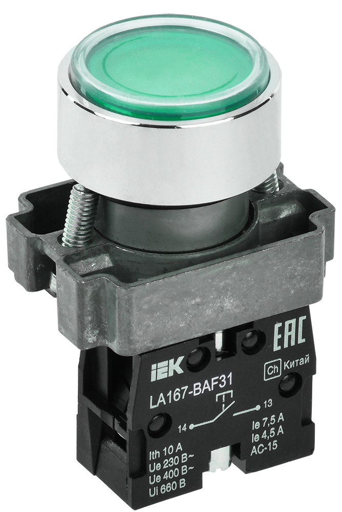 Кнопка плоская без фиксации 22 мм, 1NO, зеленый, IEK LA167-BAF31 (BBT20-BAF31-1-22-67-K06)