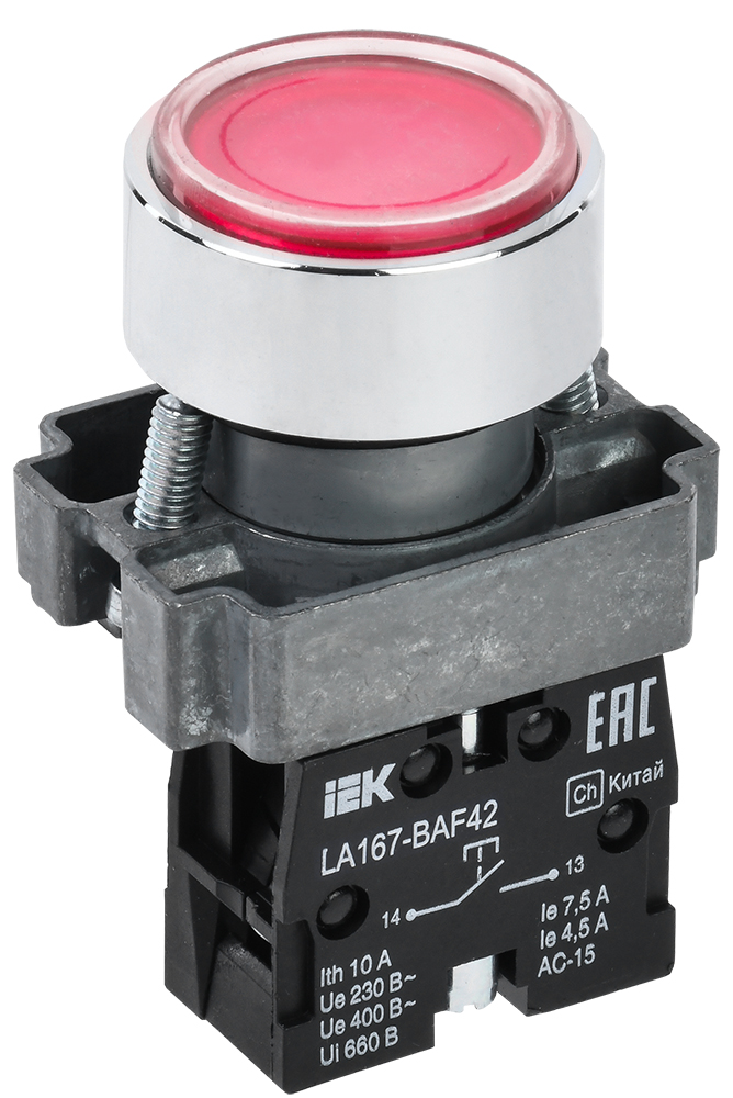 Кнопка плоская без фиксации 22 мм 1NC, красный, IEK LA167-BAF42 (BBT20-BAF42-2-22-67-K04)
