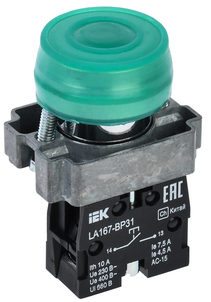 Кнопка плоская без фиксации 22 мм, 1NO, зеленый, IEK LA167-BP31 (BBT20-BP31-1-22-67-K06)