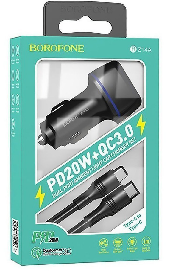 

Автомобильное зарядное устройство Borofone Mercury BZ14A, USB, 1xUSB Type C, 3.4А, 20 Вт, QC, PD, кабель USB Type-C, черный, BZ14A