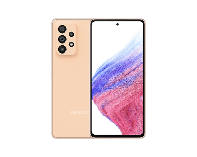 

Смартфон Samsung Galaxy A53 5G, 6.5" 1080x2400 Super AMOLED, Samsung Exynos 1280, 6Gb RAM, 128Gb, 3G/4G/5G, NFC, Wi-Fi, BT, 4xCam, 2-Sim, 5000 мА⋅ч, USB Type-C, Android 12, оранжевый (SM-A536EZODSKZ), Galaxy A53 5G