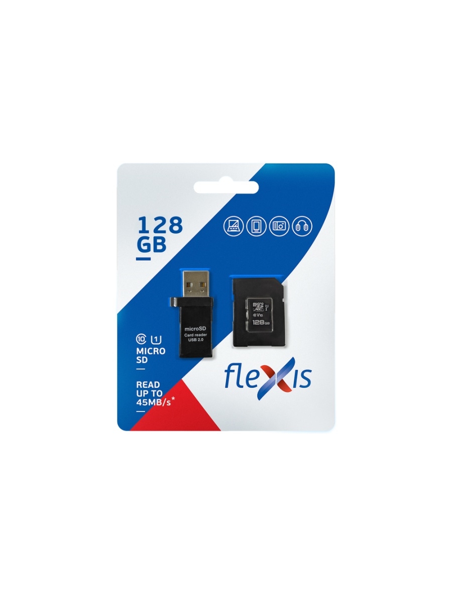 Карта памяти 128Gb microSDXC Flexis Class 10 UHS-I U1 + адаптер + USB reader (0)