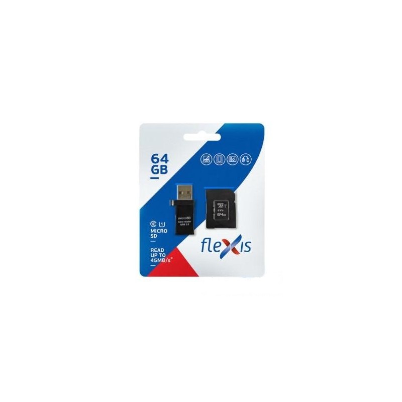 

Карта памяти 64Gb microSDXC Flexis Class 10 UHS-I U1 + адаптер + USB reader (0), FX64GMSDXCU1
