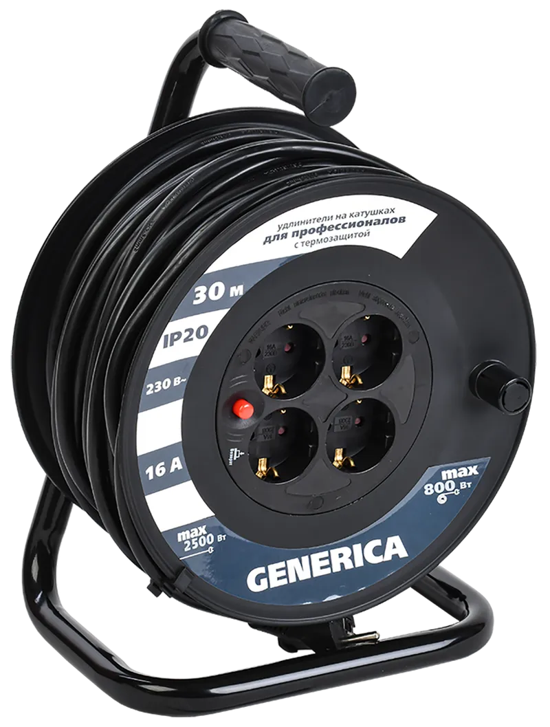 

Удлинитель на катушке IEK Generica УК30 , 4-розетки, 30м, черный (WKP20-16-04-30-G), УК30