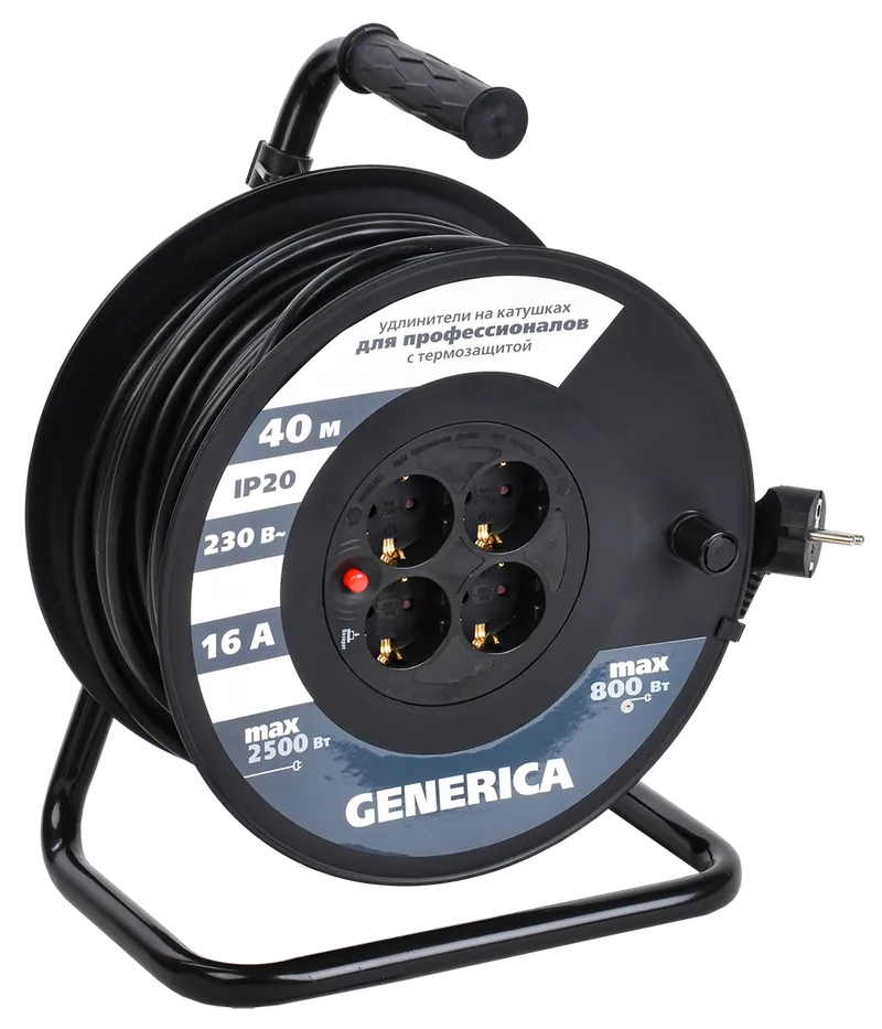 

Удлинитель на катушке IEK Generica УК40 , 4-розетки, 40м, черный (WKP20-16-04-40-G), УК40