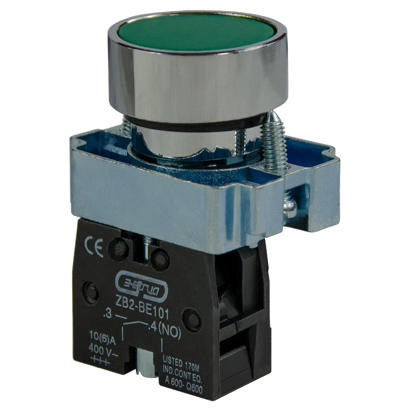 Кнопка плоская без фиксации 22 мм, 1NO, зеленый, ЭРА XB2-BA31 (Е0901-0010)