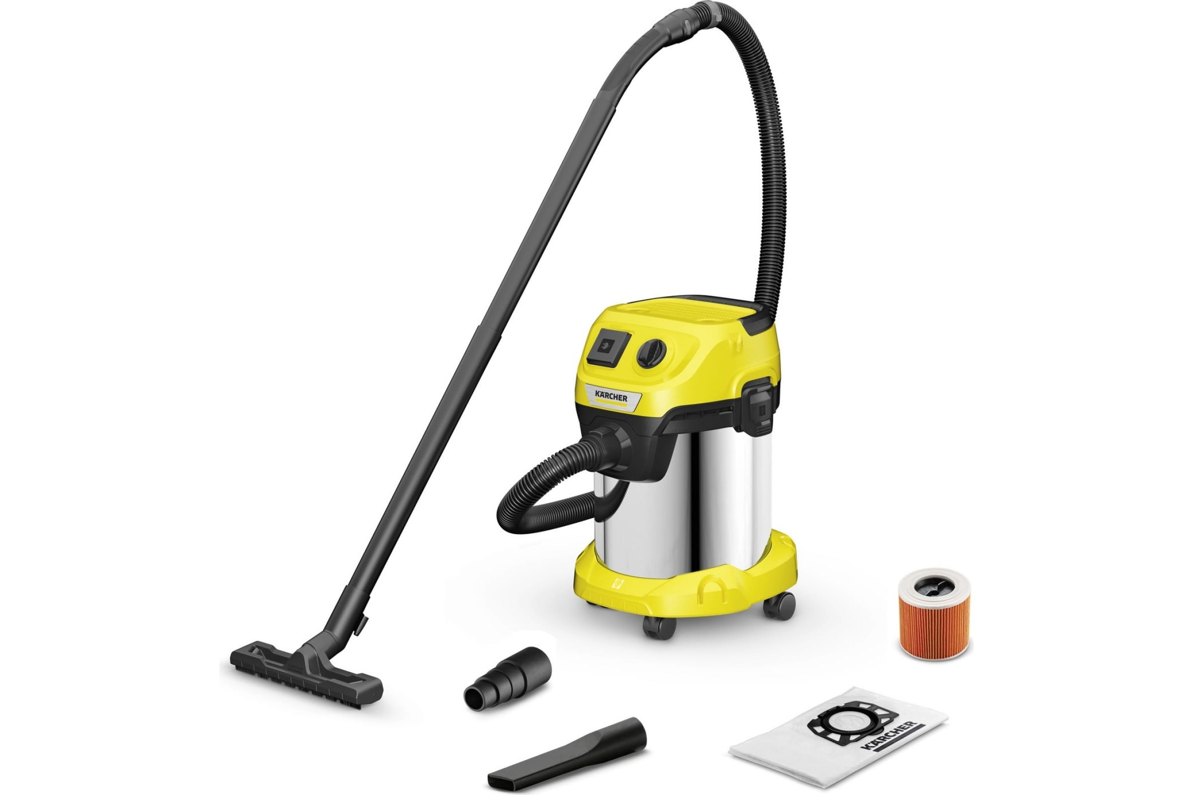 Строительный пылесос KARCHER WD 3 P S V-17/4/20, сетевой, 1 кВт, влажная, сухая уборка, объем пылесборника 17 л, контейнер, мешок, диаметр шланга 3.5 см, длина шланга 2 м, встроенная розетка, 5.15 кг (1.628-190.0)