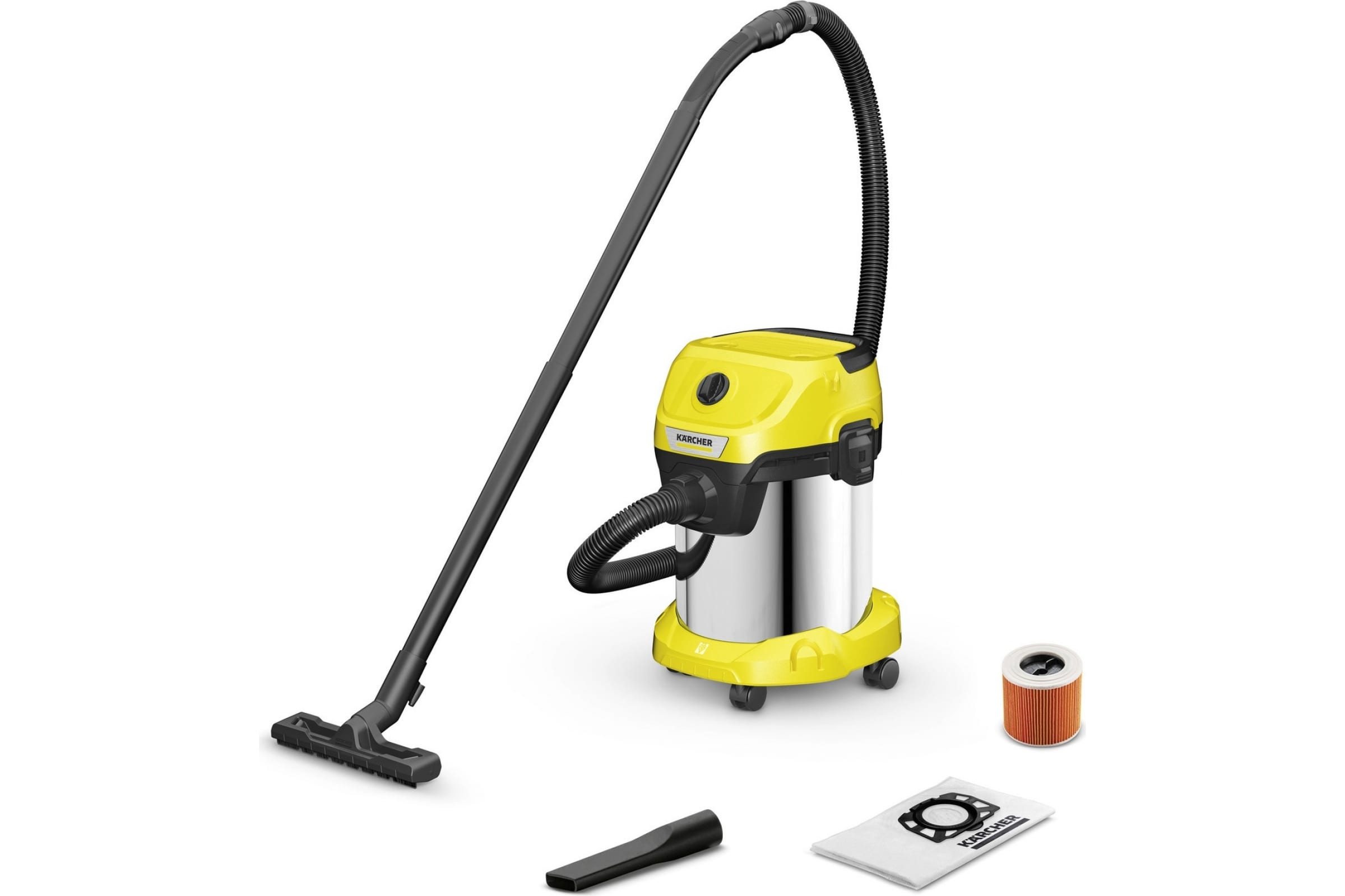 Строительный пылесос KARCHER WD 3 S V-17/4/20, сетевой, 1 кВт, влажная, сухая уборка, объем пылесборника 17 л, контейнер, мешок, диаметр шланга 3.5 см, длина шланга 2 м, 4.8 кг (1.628-135.0)