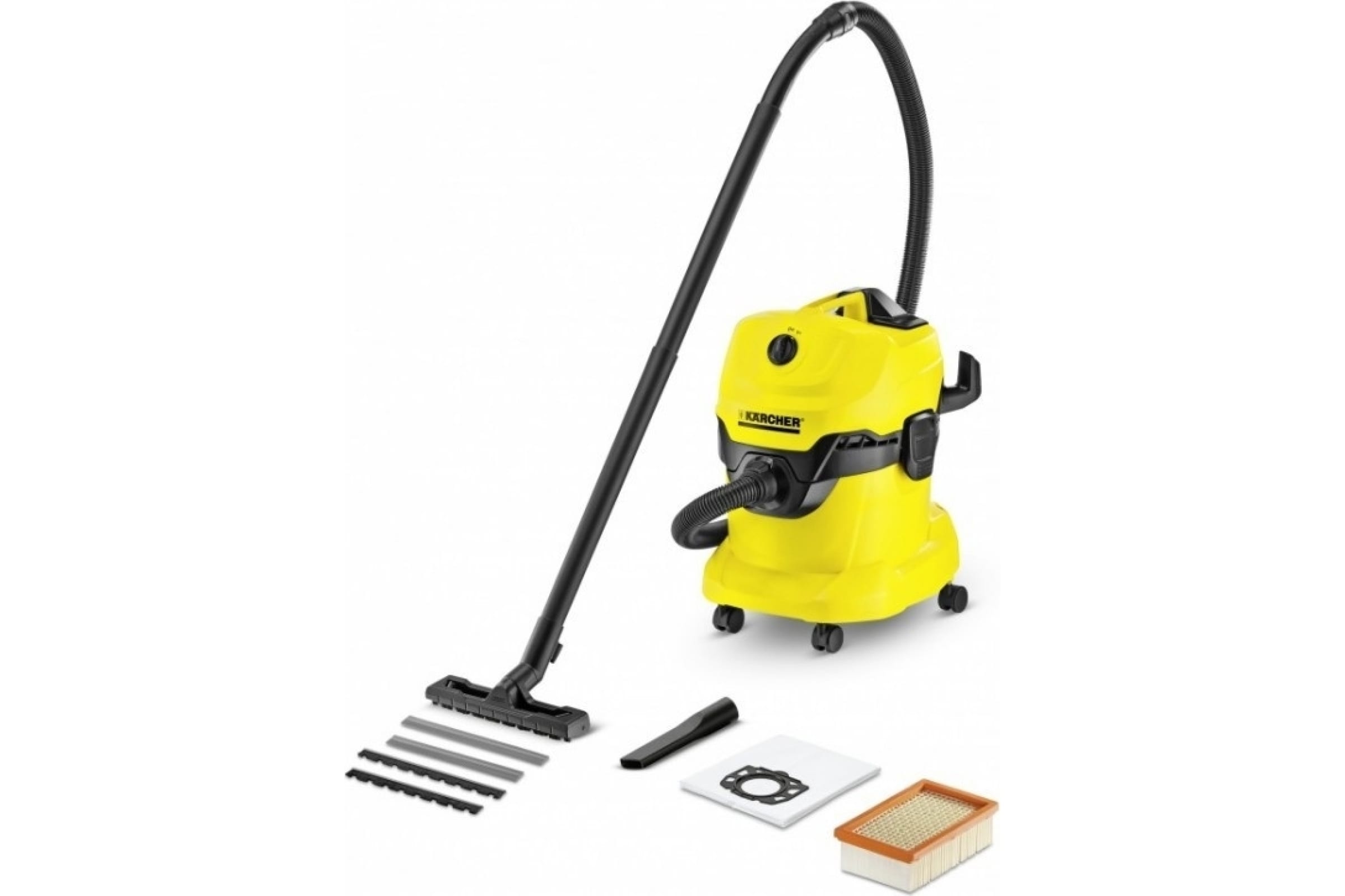 Строительный пылесос KARCHER WD 4 V-20/5/22, сетевой, 1 кВт, влажная, сухая уборка, объем пылесборника 20 л, контейнер, мешок, диаметр шланга 3.5 см, длина шланга 2.2 м, 10.3 кг (1.628-201.0)