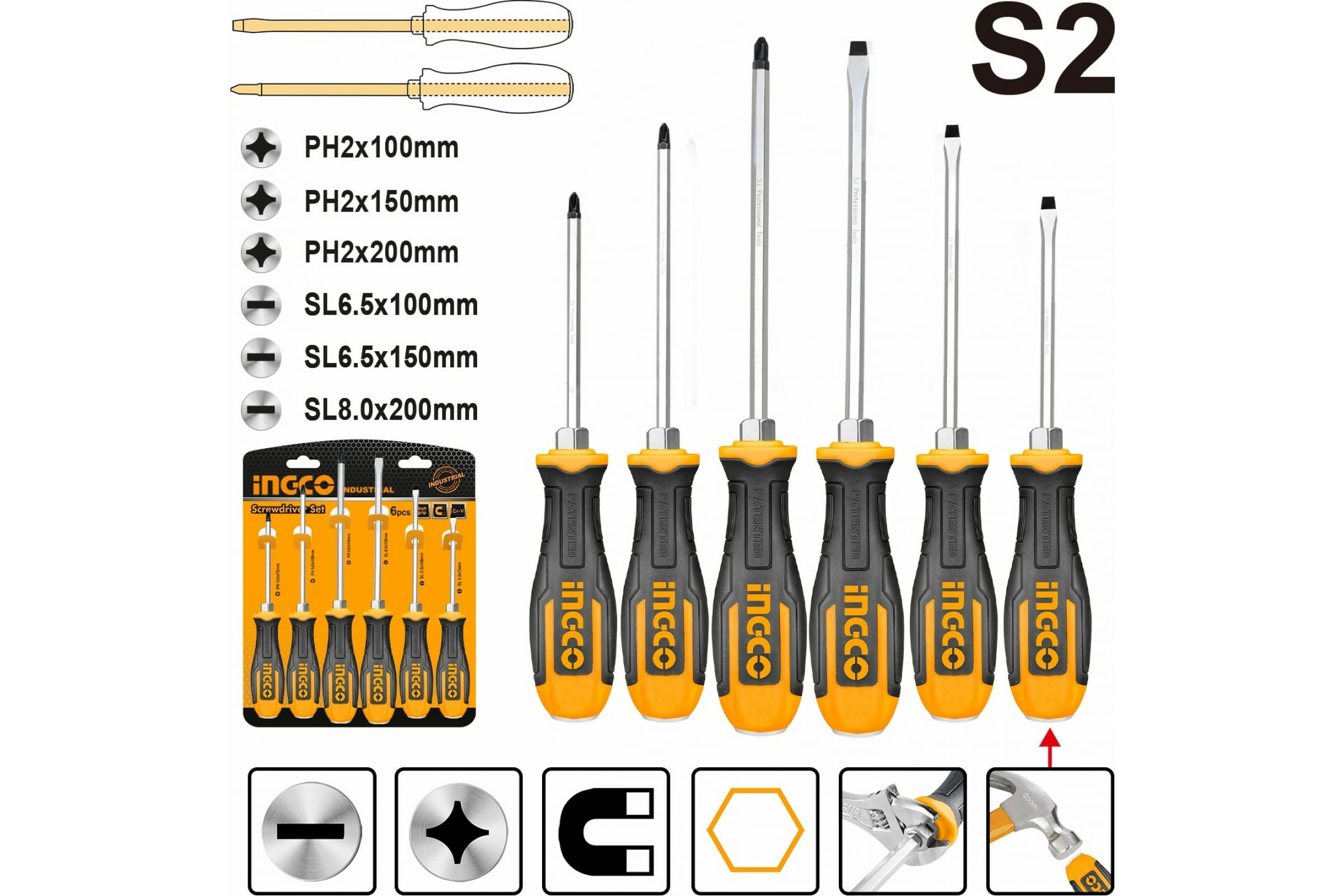 Набор отверток, предметов в наборе: 6 шт., насадки легированная сталь s2, INGCO HSGT680608 (2640122783)