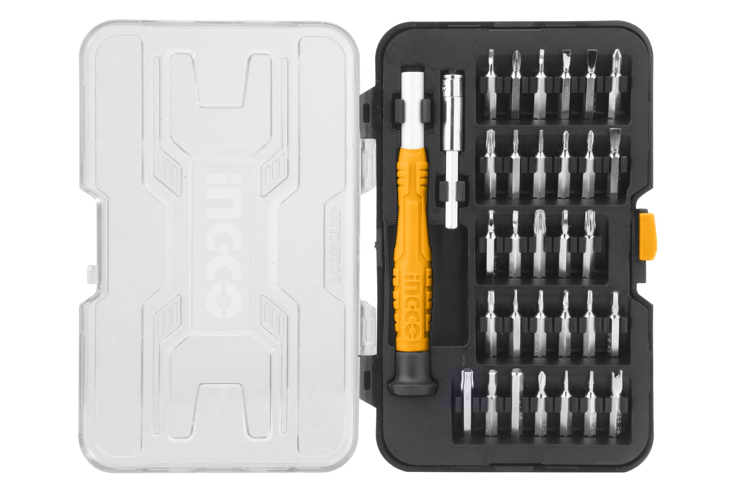 Прецизионная отвертка, предметов в наборе: 34 шт., насадки CrV, биты CrV, шлиц пятиконечная звезда 1.2 и 0.8 - подходит для айфона и айпада, пластиковый кейс, INGCO HKSDB0328 (2640087142)