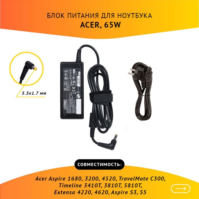 

Адаптер питания ноутбука сетевой PA-1650-86 для Acer, 65Вт, 19V, 3.42A, черный, PA-1650-86