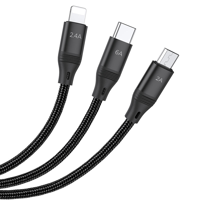 

Кабель USB 2.0(Am)-Lightning 8-pin(m)+Micro USB 2.0(Am)+USB 2.0 Type-C(m), 6A быстрая зарядка, 1.2м, черный HOCO Ultra U104 (55933), U104