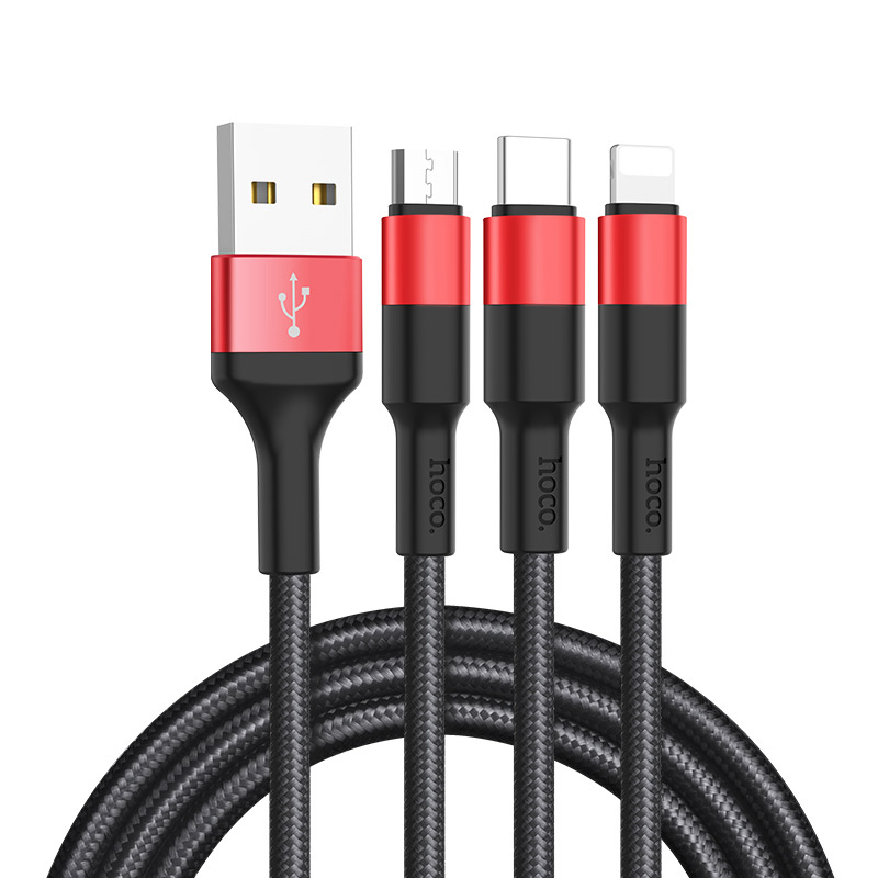 

Кабель USB-Lightning 8-pin+Micro USB+USB Type-C, 2A, 1м, черный/красный HOCO X26 (80282), X26