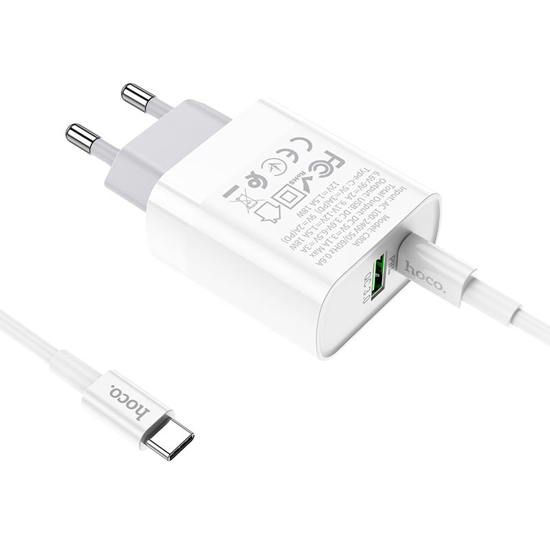 

Сетевое зарядное устройство Hoco C80A Rapido 18W, 2xUSB, USB type-C, Quick Charge, PD, 3A, белый, USB Type-C - USB Type-C, C80A Rapido