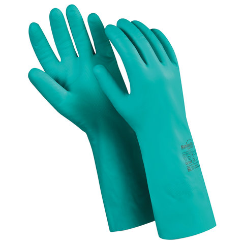 Перчатки хозяйственно-бытовые нитриловые, с х/б напылением, от химических воздействий, S, зеленый, MANIPULA