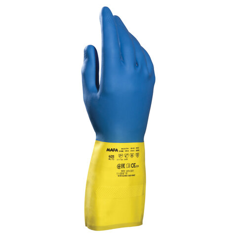 Перчатки хозяйственно-бытовые латексно-неопреновые, с х/б напылением, от химических воздействий, 7 (S), синий/желтый, MAPA
