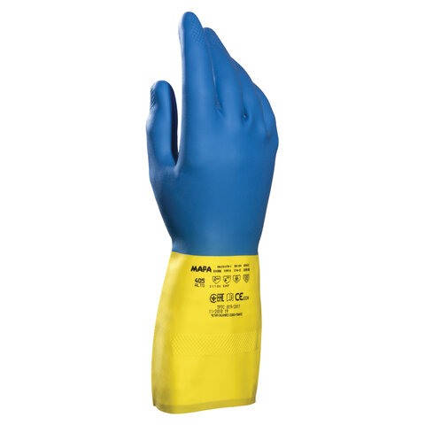 Перчатки хозяйственно-бытовые латексно-неопреновые, с х/б напылением, от химических воздействий, 8 (M), синий/желтый, MAPA