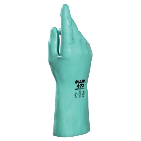 Перчатки хозяйственно-бытовые нитриловые, с х/б напылением, от химических воздействий, XL, зеленый, MAPA