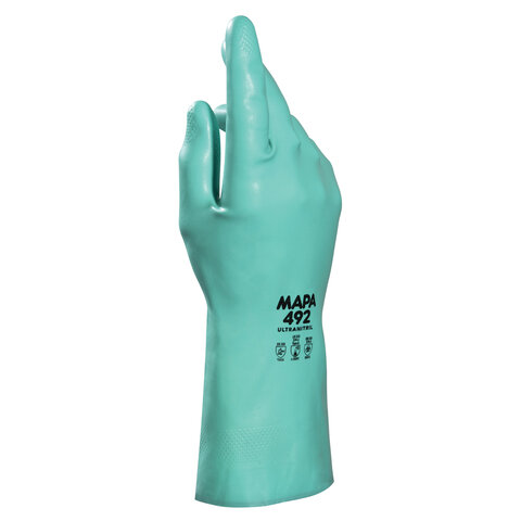 Перчатки хозяйственно-бытовые нитриловые, с х/б напылением, от химических воздействий, 7 (S), зеленый, MAPA