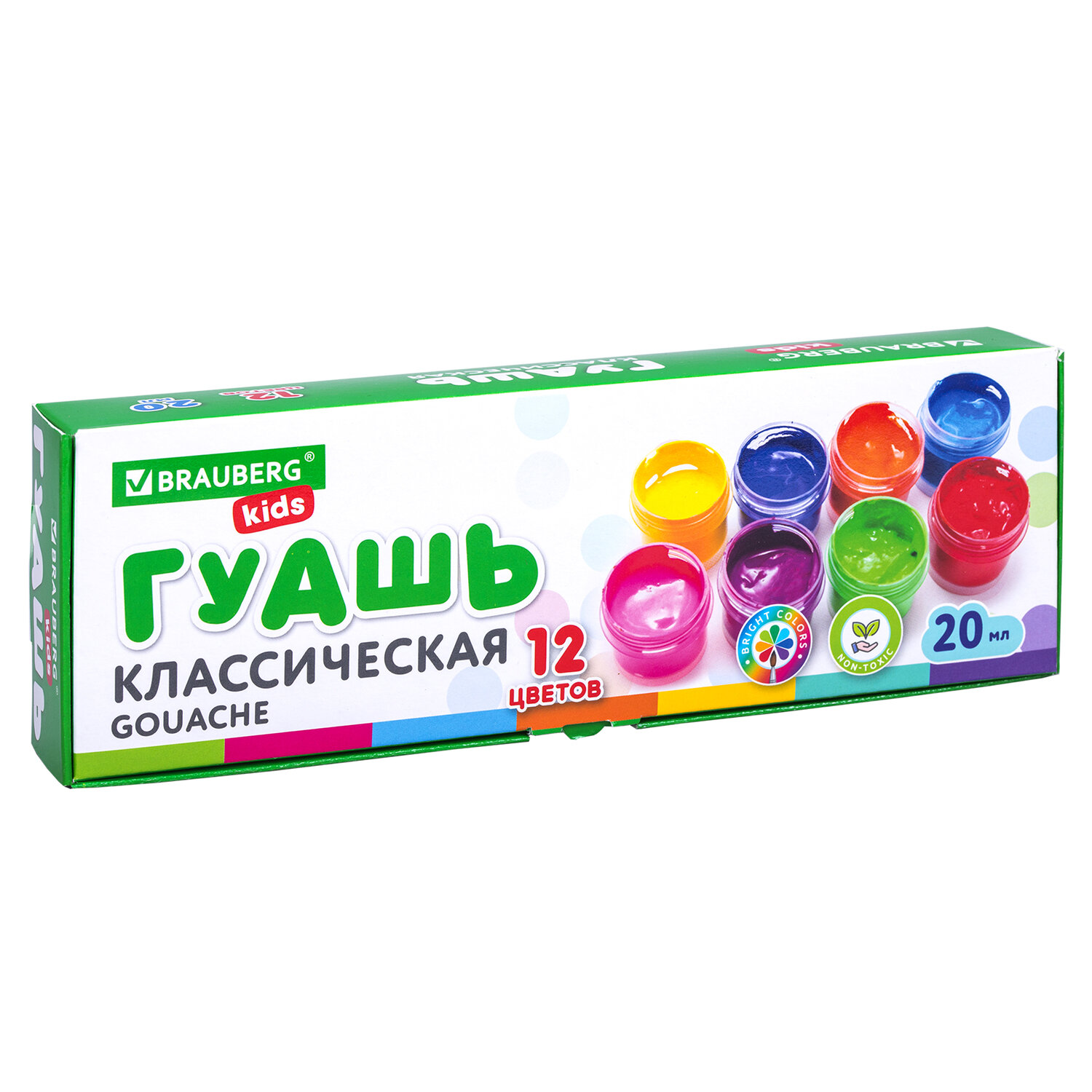 

Краски гуашь 1шт./12 цветов, разноцветный, 20мл, банка, картонная коробка, BRAUBERG KIDS (192275), нет данных