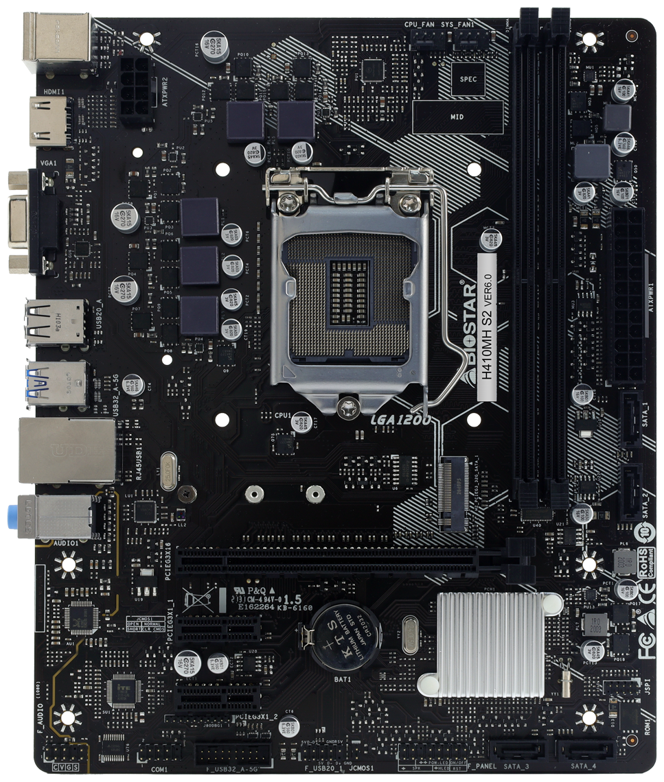 

Материнская плата Biostar H410MH S2, Socket1200, Intel H410, 2xDDR4, PCI-Ex16, 4SATA3, 7.1-ch, 1x1000 Мбит/с, 2 USB 3.2, VGA, HDMI, mATX, Retail, H410MH S2