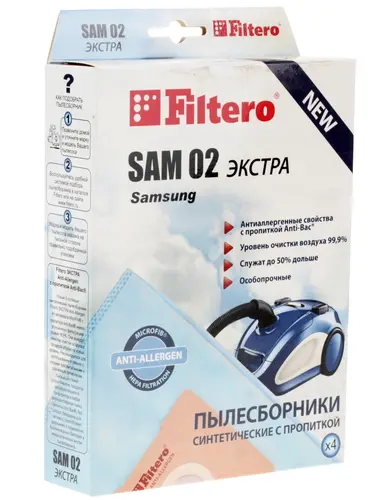 

Пылесборники Filtero SAM 02 ЭКСТРА, для SAKURA, DIRTDEVIL, LENTEL, ELEKTA, DeLonghi, Melissa, Clatronic, AKAI, Bimatek, GORENJE, MARTA, MIDEA, Saturn, VIGOR, ФЕЯ, SINBO, Ufesa, Scarlett, TOSHIBA, ROLSEN, REDMOND, VAX, VITEK, PHOENIX, Akira, BORK, Elenberg