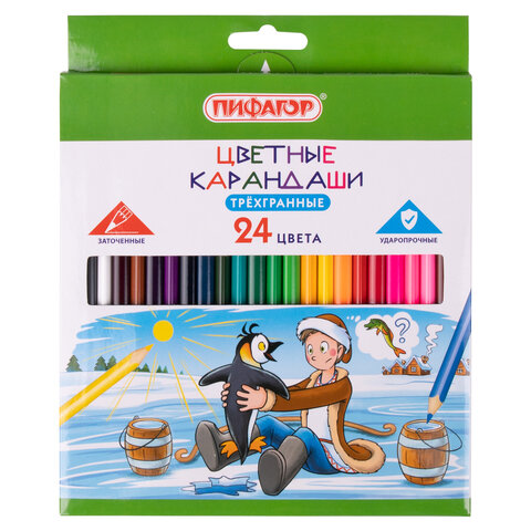 

Набор цветных карандашей ПИФАГОР Сказки, трехгранные, 24шт., заточенные (181823), нет данных