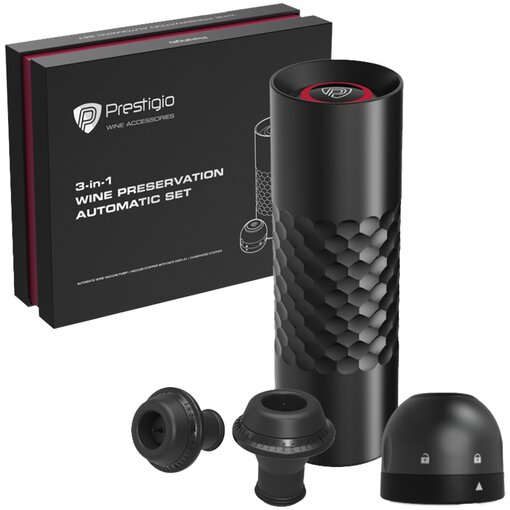 

Набор Prestigio Electric Vacuum Wine Stopper with 2 stoppers, вакуумная помпа, автоматическая вакуумная помпа, пробка для шампанского, 500mAh, черный (PWA103APSRB), Electric Vacuum Wine Stopper with 2 stoppers